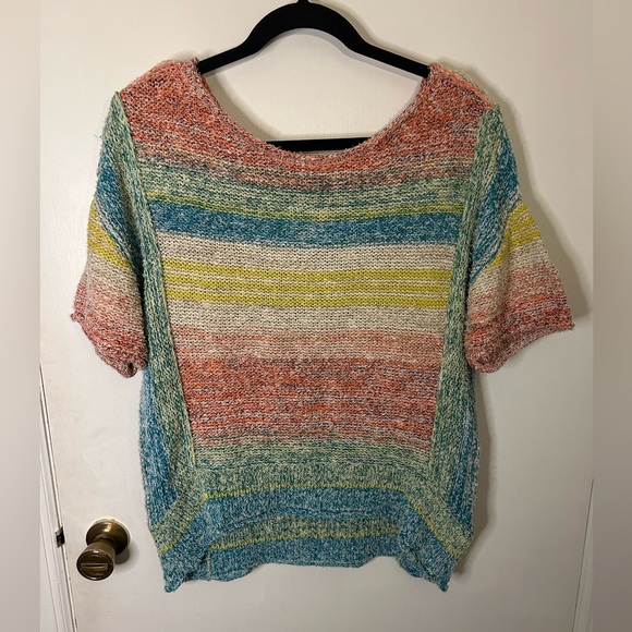 Pilcro Sweaters - Pilcro Multicolor Striped Scoop Neck Sweater - Coral, Teal, Yellow, Cream